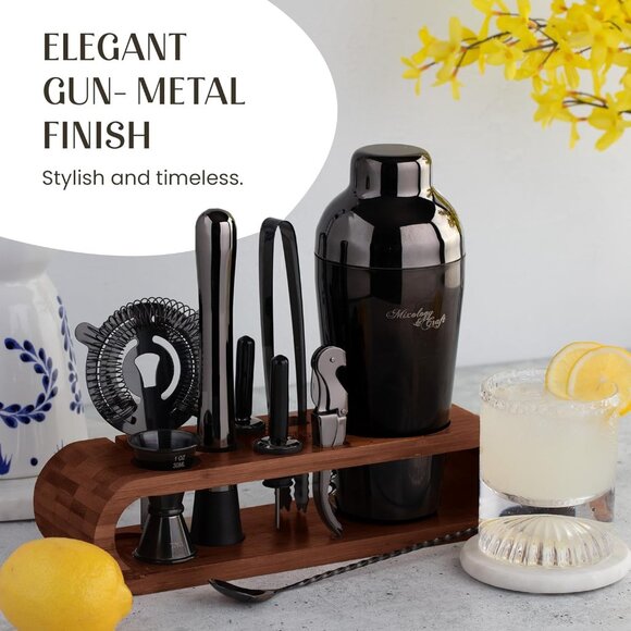 Cocktail Shaker Set with Dark Bamboo Stand - Professional 10-Piece Bartender Kit - Picture 6 of 8